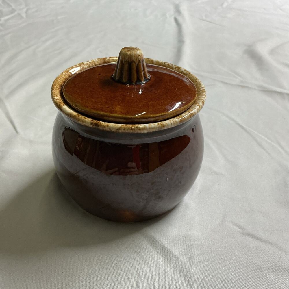 HULL POTTERY BROWN DRIP SUGAR BOWL WITH LID Oven Proof Made In USA EUC Vintage